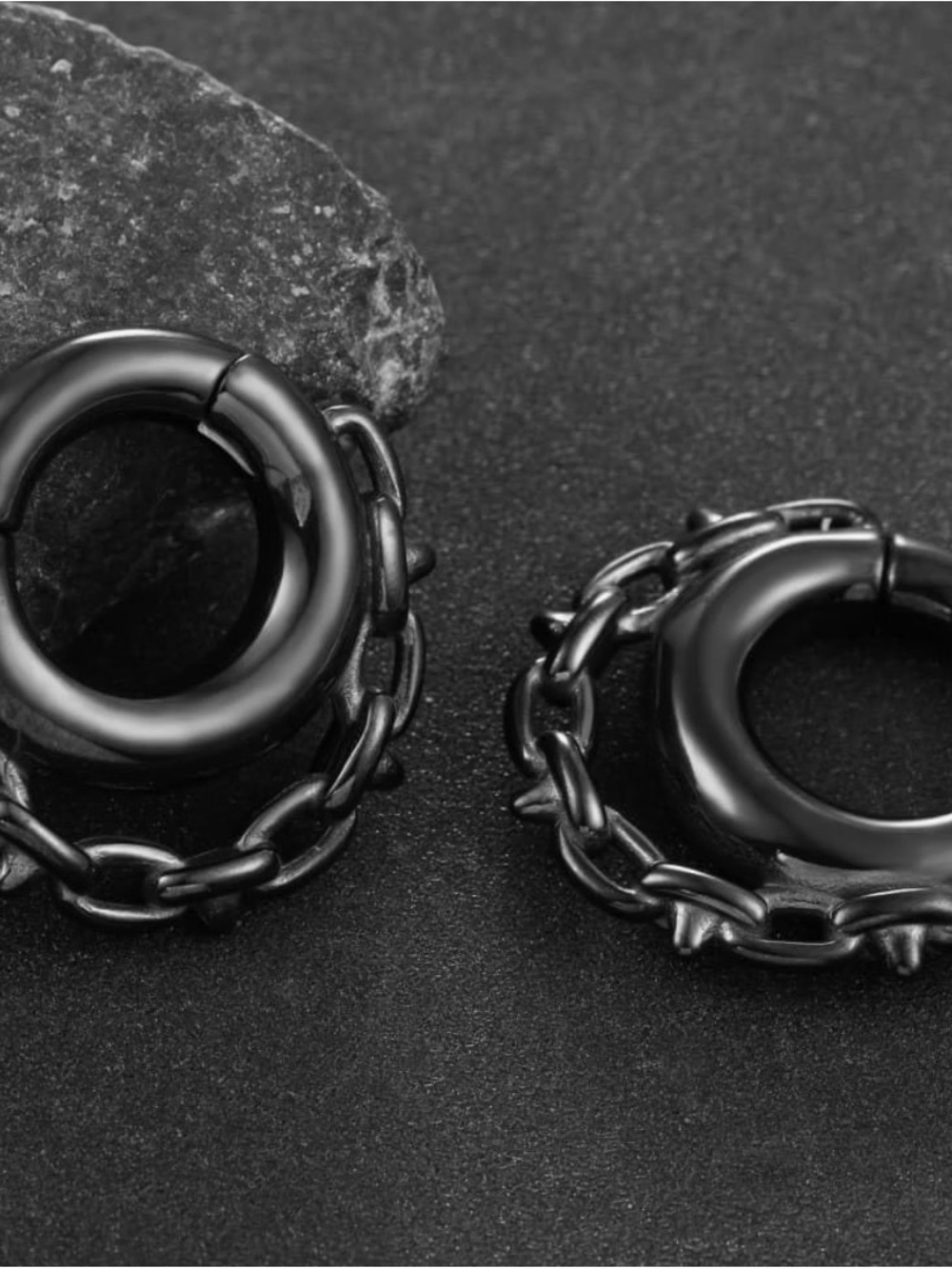 Men's Black Chain Hoop Earrings - Minimal Matte Finish